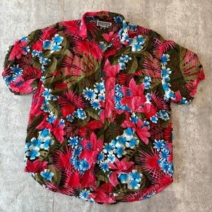 Vintage hawaiian tropical shirt button down vacation 90s floral summer mens L